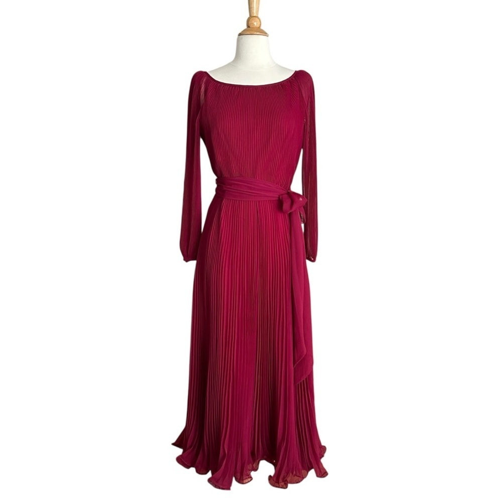MISS ELLIETTE California Vintage 70s Pleated Maxi Dress‎ Magenta Evening Chiffon